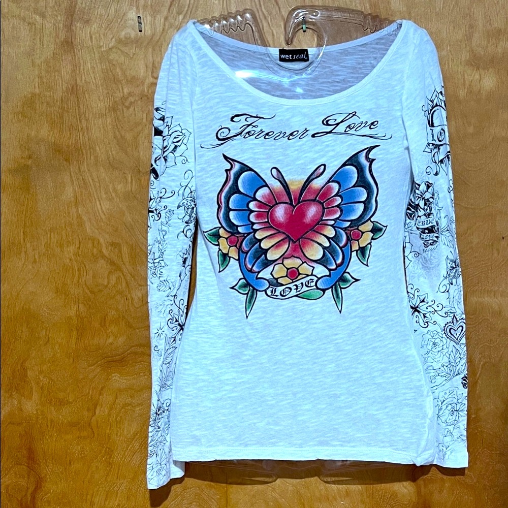 Wet Seal Women’s White Long Sleeve Top with Heart Butterfly Design Sz.M